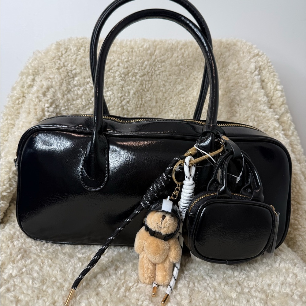 Urban Expression Black Patent Leather Satchel Handbag with Accessory Pouch
